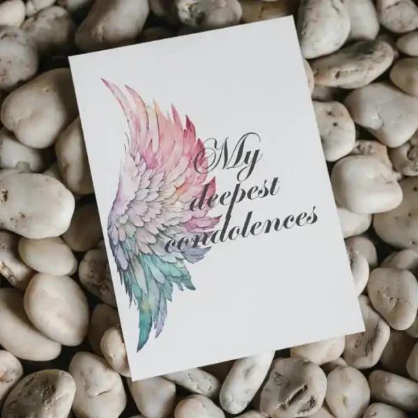 Printable condolence card featuring angel wings, expressing deepest sympathy and support during a difficult time.