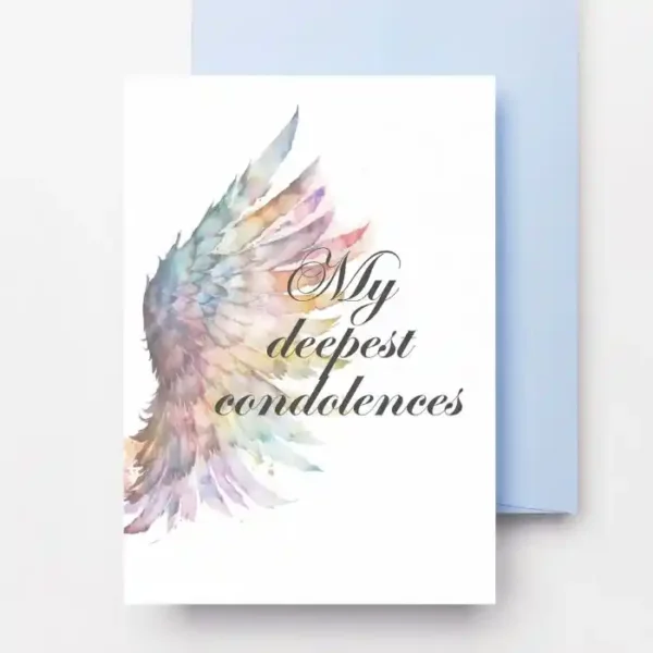 Printable condolence card featuring angel wings, expressing deepest sympathy and support during a difficult time.