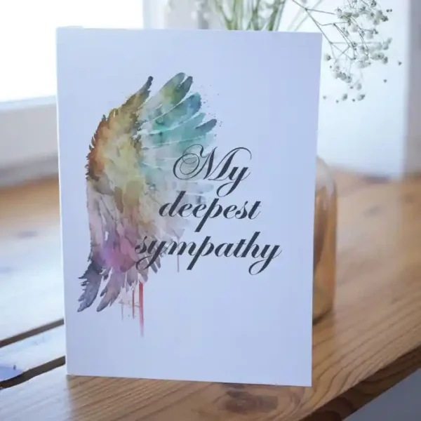 Printable condolence card featuring angel wings, expressing deepest sympathy and support during a difficult time.
