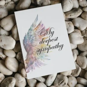 Printable condolence card featuring angel wings, expressing deepest sympathy and support during a difficult time.