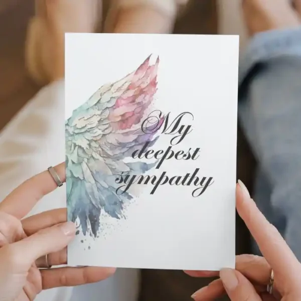 Printable condolence card featuring angel wings, expressing deepest sympathy and support during a difficult time.