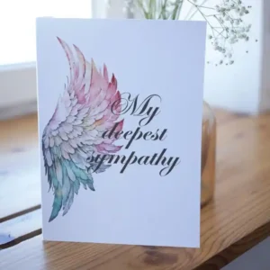 Printable condolence card featuring angel wings, expressing deepest sympathy and support during a difficult time.