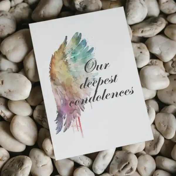 Printable condolence card featuring angel wings, expressing deepest sympathy and support during a difficult time.
