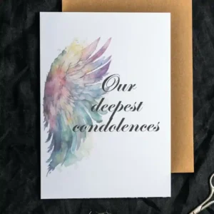 Printable condolence card featuring angel wings, expressing deepest sympathy and support during a difficult time.