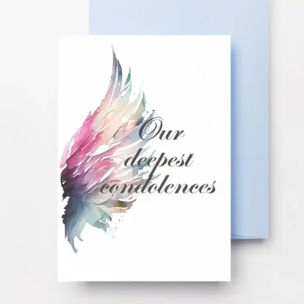 Printable condolence card featuring angel wings, expressing deepest sympathy and support during a difficult time.