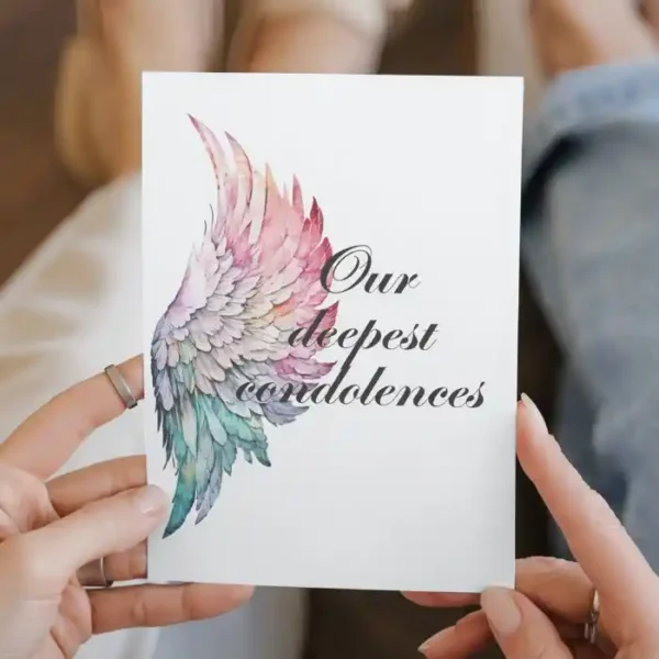 Printable condolence card featuring angel wings, expressing deepest sympathy and support during a difficult time.