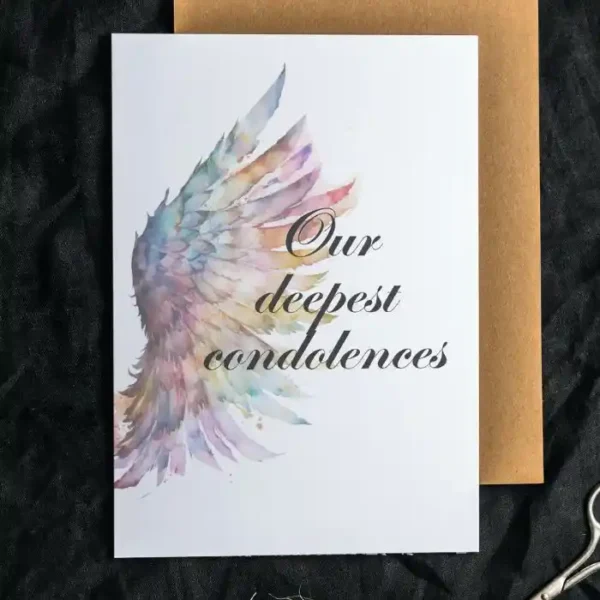 Printable condolence card featuring angel wings, expressing deepest sympathy and support during a difficult time.