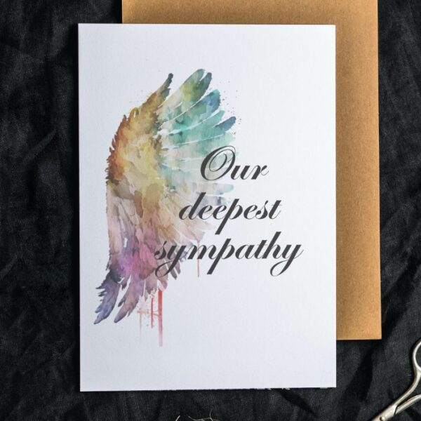 Printable condolence card featuring angel wings, expressing deepest sympathy and support during a difficult time.