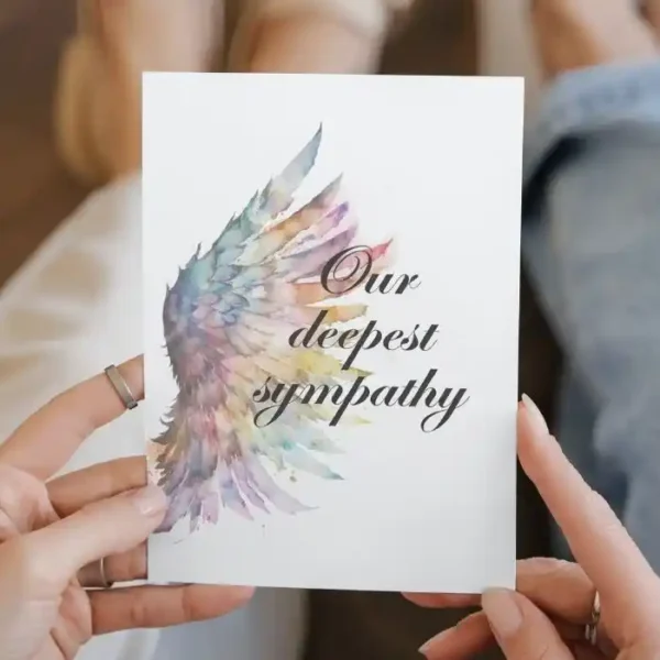 Printable condolence card featuring angel wings, expressing deepest sympathy and support during a difficult time.