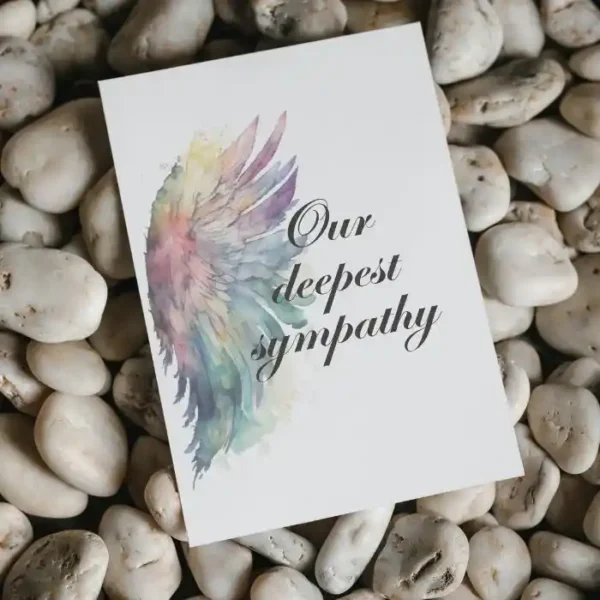 Printable condolence card featuring angel wings, expressing deepest sympathy and support during a difficult time.