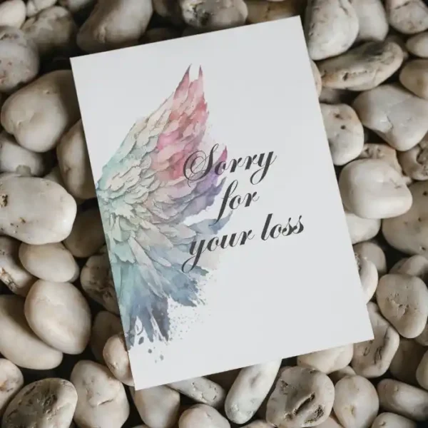 Printable condolence card featuring angel wings, expressing deepest sympathy and support during a difficult time.