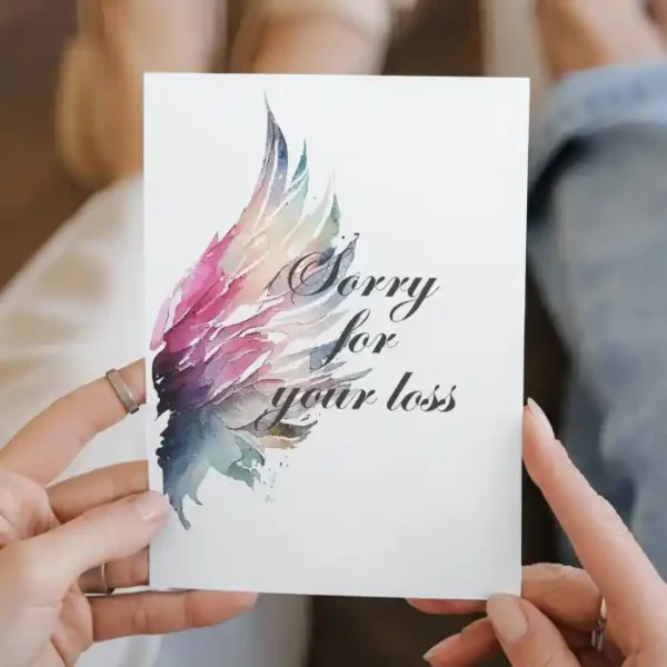 Printable condolence card featuring angel wings, expressing deepest sympathy and support during a difficult time.