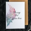 Printable condolence card featuring angel wings, expressing deepest sympathy and support during a difficult time.