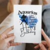 A printable birthday card for Aquarius, showcasing character traits against a calming blue watercolor air element backdrop.