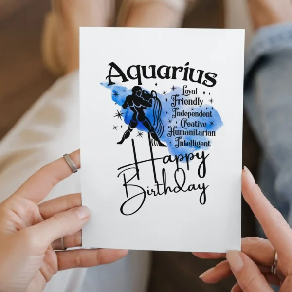 A printable birthday card for Aquarius, showcasing character traits against a calming blue watercolor air element backdrop.