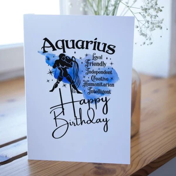 Aquarius birthday card highlighting traits, set on a soothing blue watercolor background that reflects the air element.