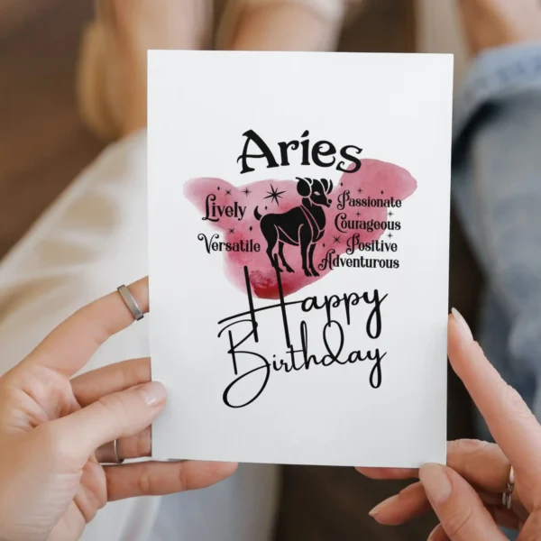 Aries birthday card highlighting character traits, set on a striking red watercolor background representing the fire element.