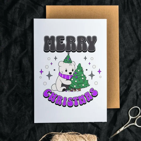 Printable Christmas card featuring a polar bear, spreading joy for asexual holiday festivities.