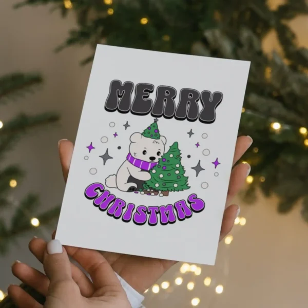 Festive Christmas card with a friendly polar bear, ideal for asexual celebrations and easy to print.