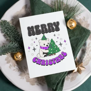 Merry Christmas card featuring a cute polar bear, designed for asexual celebration and printable for festive cheer.