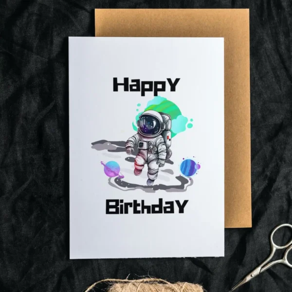 Cute space explorer card with stars and “Happy Birthday” text