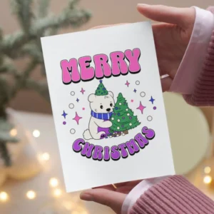 A festive card featuring a bisexual polar bear beside a decorated Christmas tree, celebrating a joyful holiday spirit.