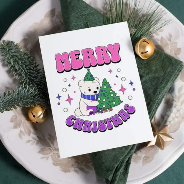 A bisexual Christmas card featuring a polar bear and a bright Christmas tree, perfect for sharing seasonal joy.