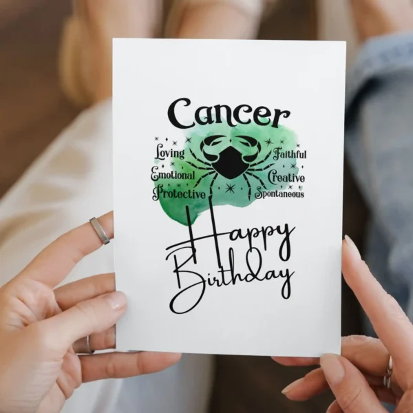 Printable Cancer birthday card featuring character traits on a green watercolor background representing the water element.