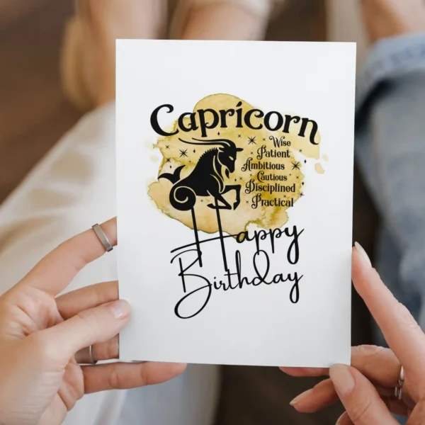 Cheerful Capricorn birthday card highlighting traits, designed with a yellow watercolor background symbolizing earth.