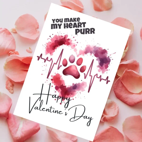 Valentine's card with "You Make My Heart Purr" text, pink paw print, and heartbeat line. Surrounded by rose petals, conveying love and affection.