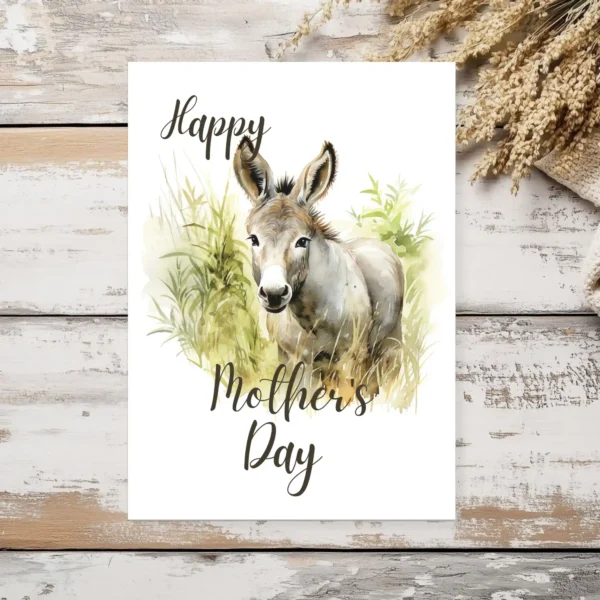 Whimsical watercolor donkey adorns a Mother's Day card, designed for printing to celebrate mothers with love.
