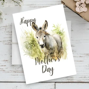 Cute watercolor donkey illustration on a printable Mother's Day card, perfect for expressing love and appreciation.