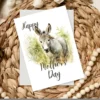 Charming watercolor donkey illustration on a printable Mother's Day card, celebrating mothers with a sweet touch.