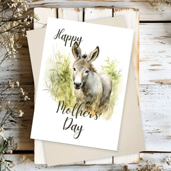 Watercolor illustration of a donkey on a Mother's Day greeting card, perfect for printing and sharing love.