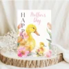 Watercolor Mother's Day card showing a duck and her duckling surrounded by flowers.