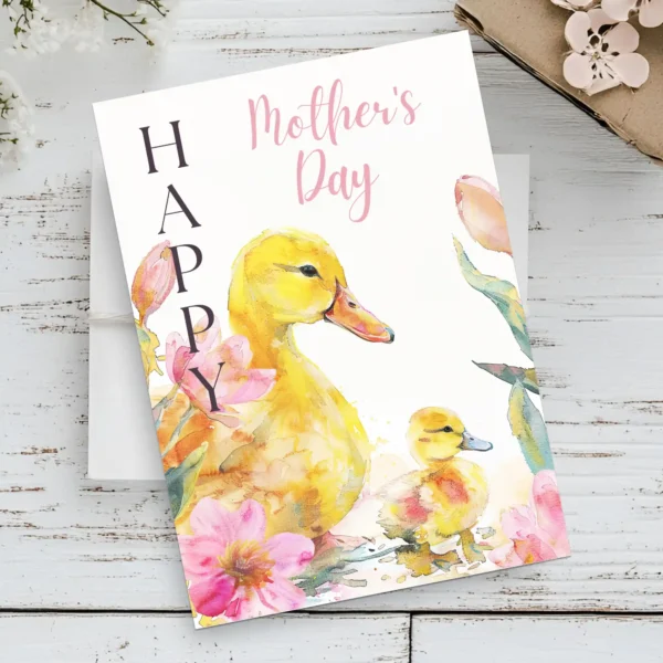 Cute Mother's Day card with a duck and baby duckling in a floral watercolor design.