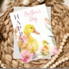 Floral watercolor card for Mother's Day, depicting a mother duck with her duckling.