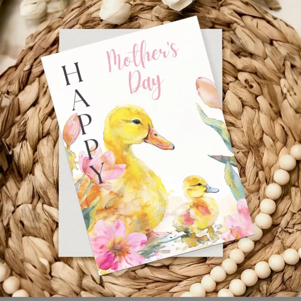 Floral watercolor card for Mother's Day, depicting a mother duck with her duckling.