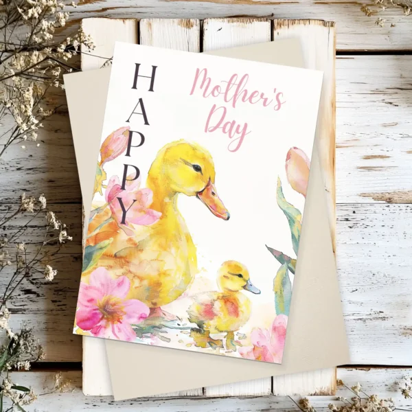 Charming Mother's Day card featuring a duck and her duckling in a colorful floral watercolor style.