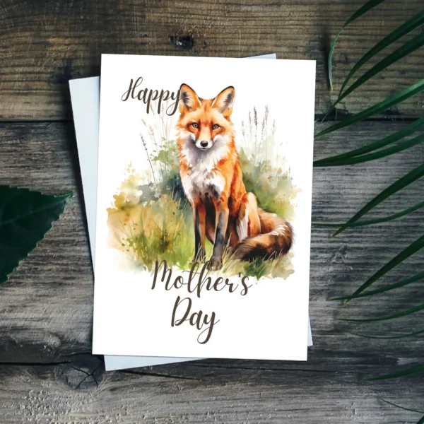 Beautiful watercolor red fox illustration on a Mother's Day card, perfect for a printable and thoughtful gift.