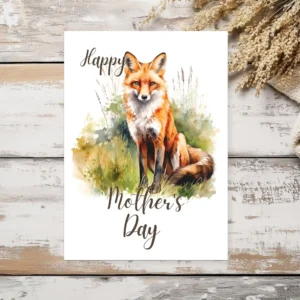 Whimsical watercolor red fox design on a Mother's Day card, great for printing and celebrating mothers.