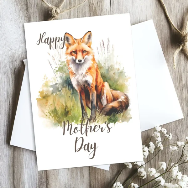 Charming watercolor card featuring a red fox, designed for Mother's Day, ideal for printing and gifting.