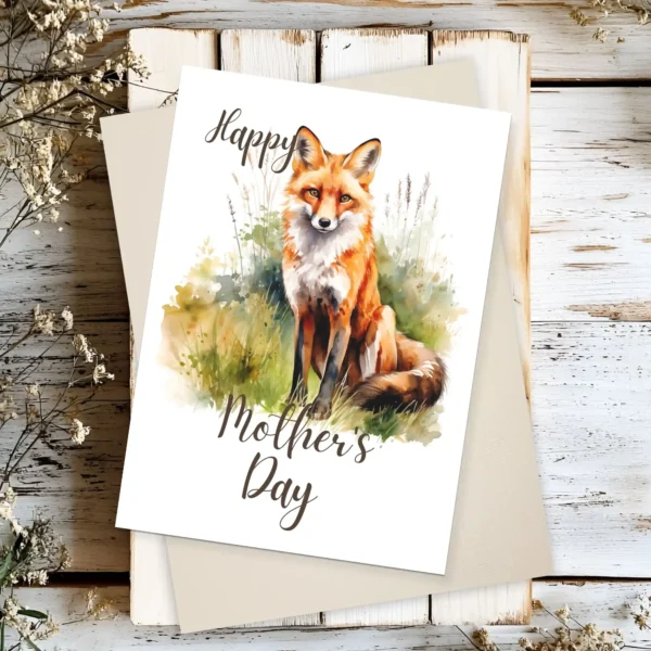 Delightful watercolor illustration of a red fox on a Mother's Day card, ready for printing and heartfelt messages.