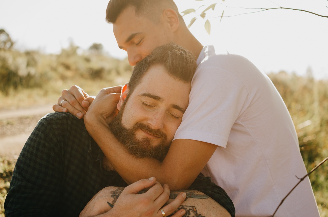 lovers, meadow, portrait, outdoors, nature, gay couple, couple, relationship, pride, lgbtqia, love, love is love, equal rights, hug, lgbtiqa, pride month, world pride