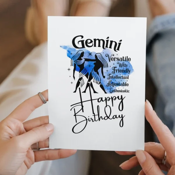 Gemini birthday card highlighting character traits, featuring a serene blue watercolor background for the air element.