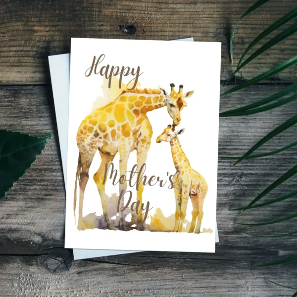 Sweet watercolor artwork of a giraffe and her calf, designed for a Mother's Day card, showcasing love and tenderness.