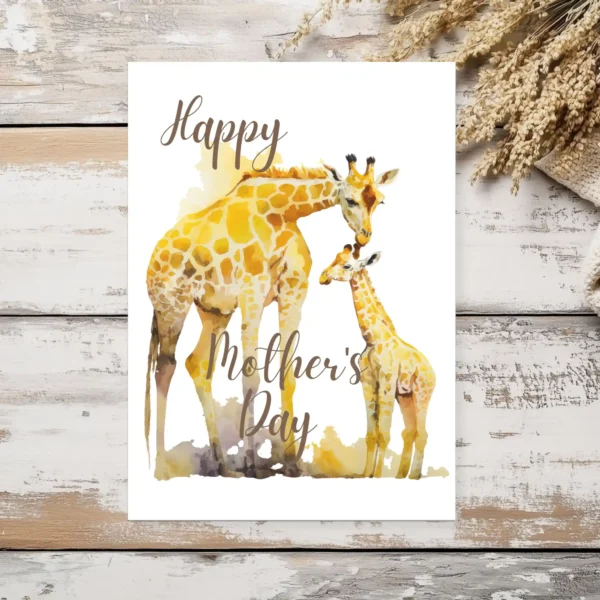 Delightful watercolor giraffe mom and baby image, ideal for a printable Mother's Day card, radiating warmth and affection.