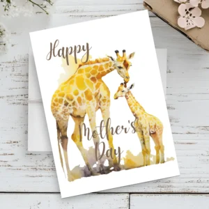 Watercolor illustration of a giraffe mom and baby for a Mother's Day card, featuring soft colors and a loving theme.