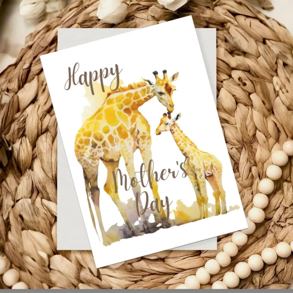 Heartwarming watercolor design of a giraffe and her young one, perfect for a Mother's Day card to celebrate moms.
