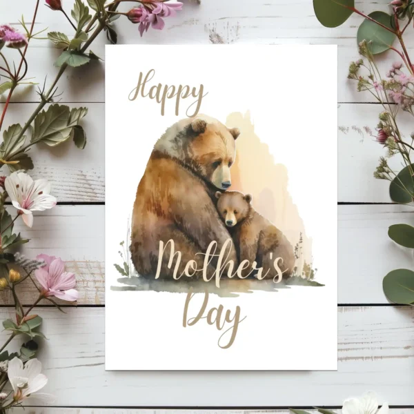 Charming watercolor of a grizzly mom and her playful cub, ideal for a Mother's Day greeting card.